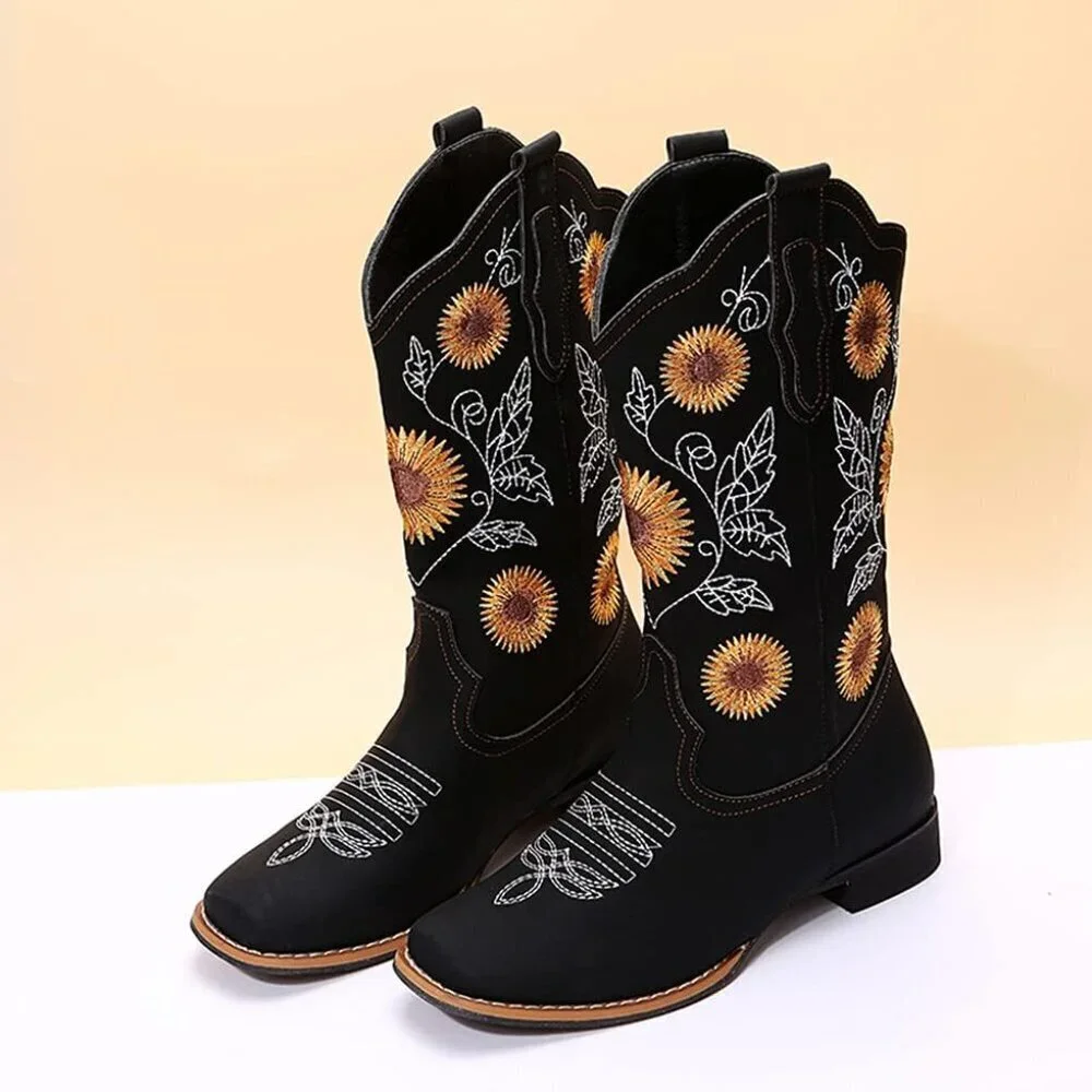 Women Black Mid-Calf Cowgirl Western Boots Embroidered Sunflower Low Heel